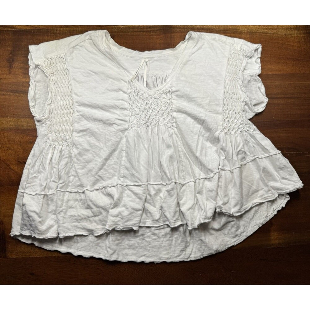 Anthropologie Women’s White Smocked Ruffle Peplum Boxy Wide Top Short Sleeve L